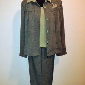 Miss Dorby, 3pc Pantsuit, Size-14, Olive Green, Pin-Stripes, Tank Top & Pants